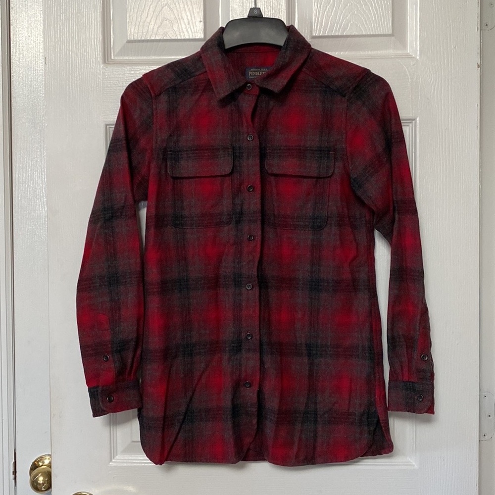 Pendleton Woolen Red Black Grey Plaid Wool Button Down Shirt